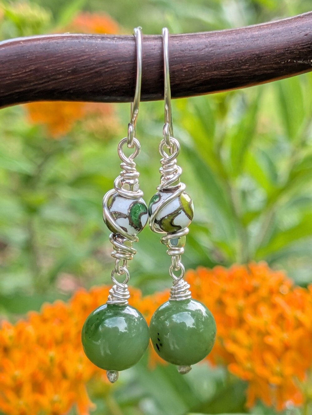 Artisan Jade Earrings-Natural Gemstone and Vintage Cloisonne In Sterling Silver - Picture 2 of 14